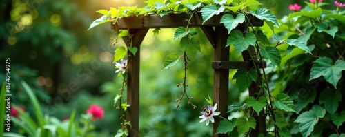 Passion flower vines entwined around a wooden trellis in the garden, foliage, greenery, climbingplant photo