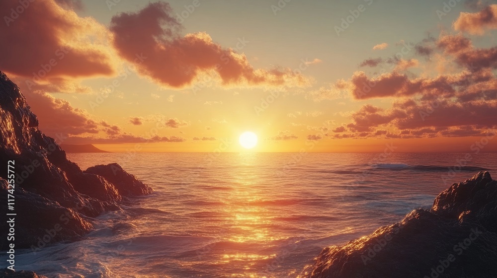 Fototapeta premium Sunset over tranquil ocean waves contrasting against a rocky coastline with vibrant clouds and warm hues creating a picturesque seascape.