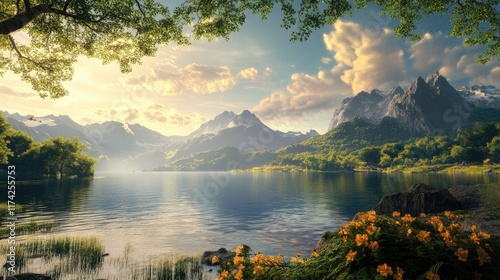 Scenic Lake Landscape Surrounded by Mountains and Lush Greenery Under a Beautiful Sky with Colorful Flowers in Foreground