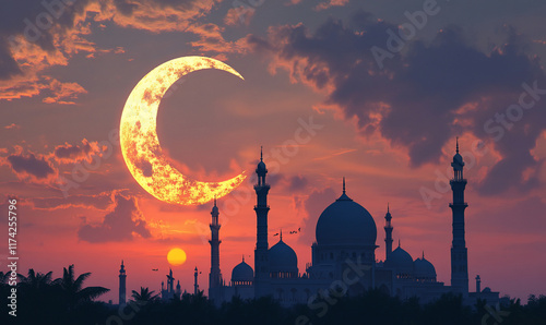 A serene sunset silhouette of a mosque with a crescent moon. photo