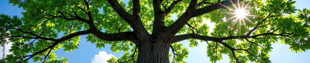 Majestic tree's sprawling branches stretch towards the sky, texture, branching, natural