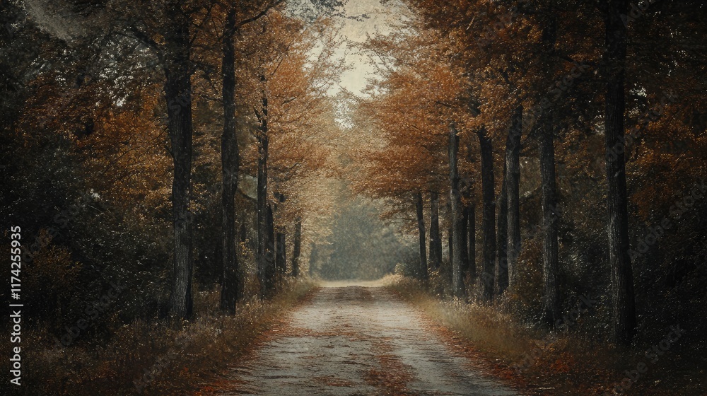 Fototapeta premium Serene autumn pathway through trees evoking a sense of tranquility and nature's beauty in a scenic rural landscape.