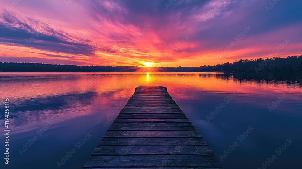 Fototapeta premium Serene sunset with vibrant colors reflecting on calm water at a wooden dock creating a peaceful atmosphere for relaxation and contemplation
