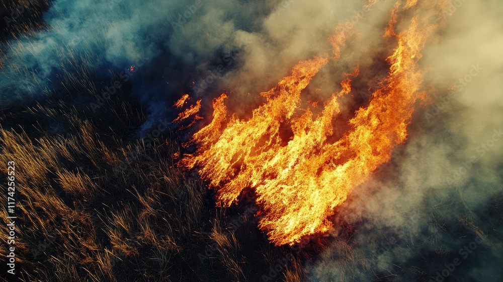 Aerial view of intense wildfire consuming dry grass producing thick smoke and flames in a burn area depicting environmental impact. Aerial view of intense wildfire consuming dry grass producing thick smoke and flames in a burn area depicting environmental impact.