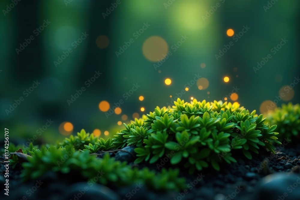 Softly glowing fireflies hovering above a patch of green moss, soft focus, mysterious atmosphere, fireflies Softly glowing fireflies hovering above a patch of green moss, soft focus, mysterious atmosphere, fireflies