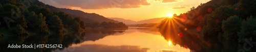 Warm golden light fades over river Calder at dusk, natural light, serene atmosphere