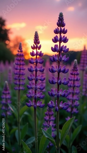 Tall purple lupines sway gently in the evening breeze, wildflowers, sunset, nature photo