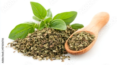 Wallpaper Mural Pile of dried oregano leaves with wooden spoon isolated on white background  Torontodigital.ca