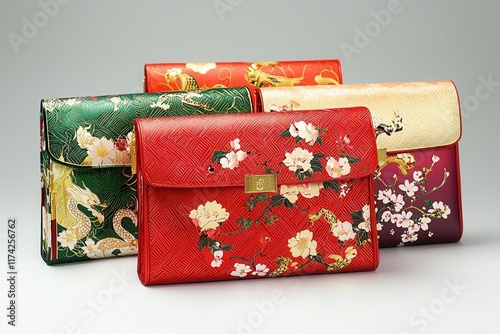 Vibrant floral Asian-inspired clutch bags with intricate floral and dragon patterns in red, green, and cream tones perfect for fashion design, seasonal gift ideas, Chinese New Year photo