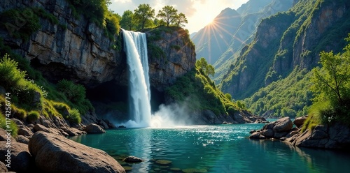 Water cascading down a steep cliff into a tranquil pool at the bottom of a canyon, stone waterfalls, foliage, valleyside photo