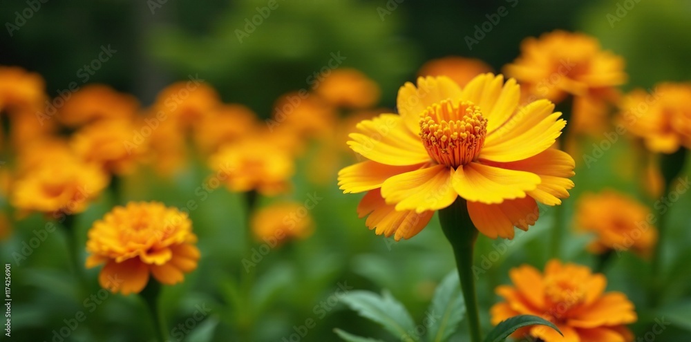 Bright orange marigold flowers blooming in a garden, yellow, flowers, gardenia Bright orange marigold flowers blooming in a garden, yellow, flowers, gardenia