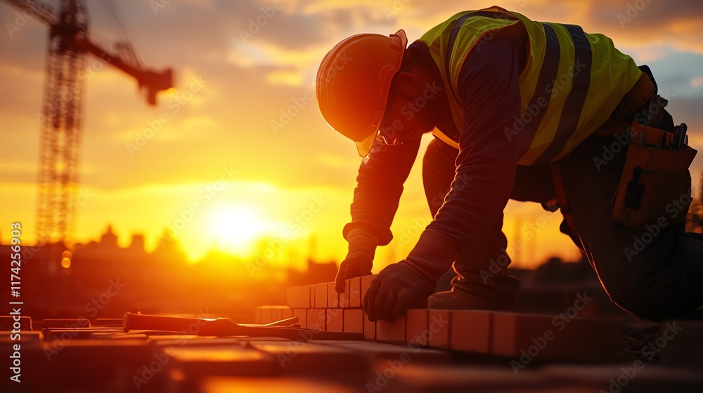 Fototapeta premium Construction worker laying bricks during sunset, showcasing dedication and hard work in a vibrant, industrial setting.