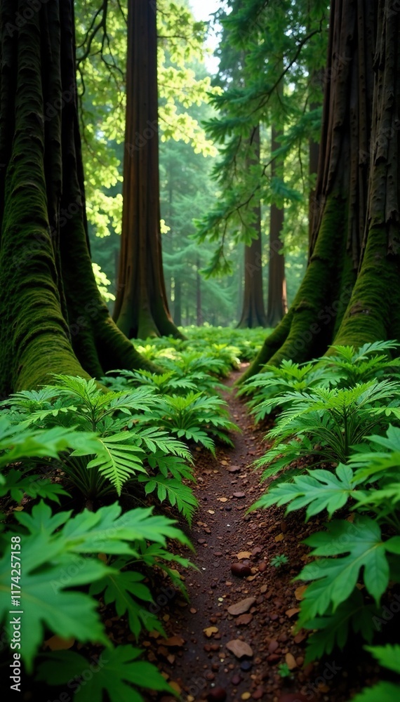 Fototapeta premium Redwood leaves and ferns carpet the forest floor, moss, green, redwood forest