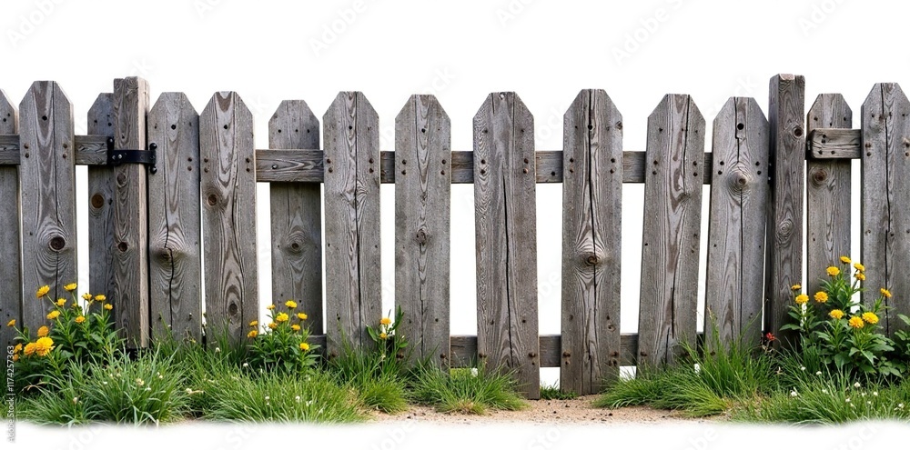 Fototapeta premium Weathered wooden fence with a rustic charm isolated on white background, serenity, fence