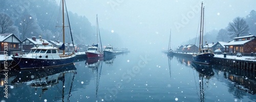 Snowflakes gently falling on the calm harbor water, whiteout, boats