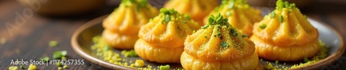 Sweet kunafa pastry puffs with crispy phyllo layers and crunchy pistachio powder topping, turkish dessert, cheese