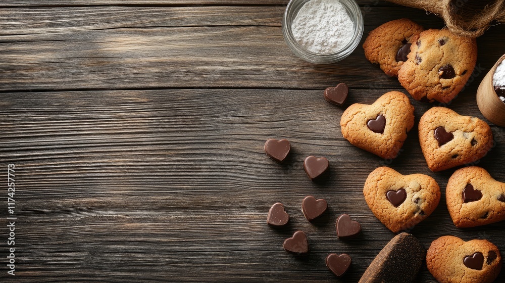 Heart Shaped Chocolate Chip Cookies on Rustic Table with Ingredients for Celebration and Culinary Training Sweet Snack Concept Heart Shaped Chocolate Chip Cookies on Rustic Table with Ingredients for Celebration and Culinary Training Sweet Snack Concept