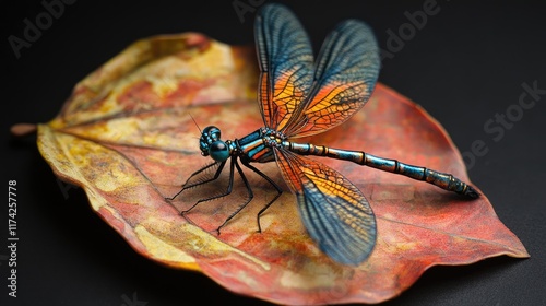 Vivid aurora bluetail damselfly perched gracefully on a vibrant autumn leaf showcasing intricate details and stunning colors photo