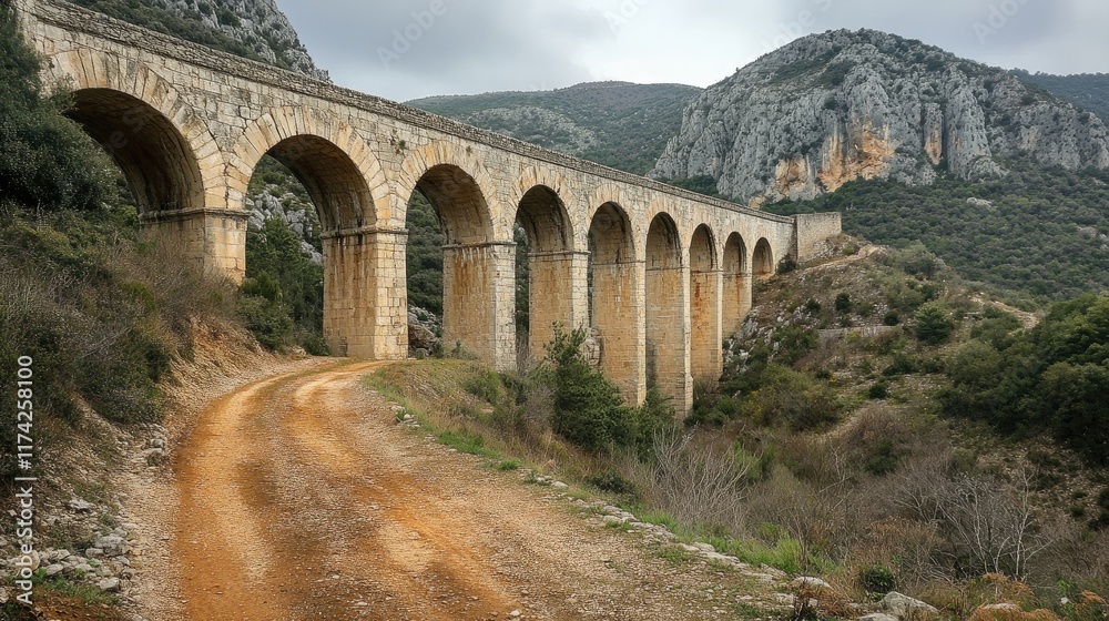 Obraz premium Ancient aqueduct bridge spanning mountains surrounded by rugged terrain and scenic landscape under a cloudy sky