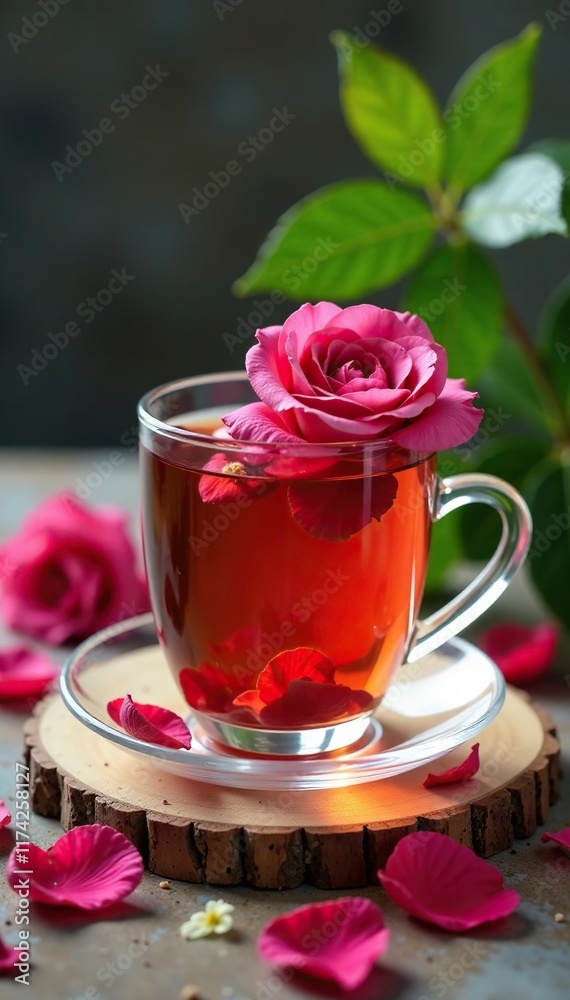 Delicate tea made from tea roses in a clear glass cup, petals, glass, calm Delicate tea made from tea roses in a clear glass cup, petals, glass, calm