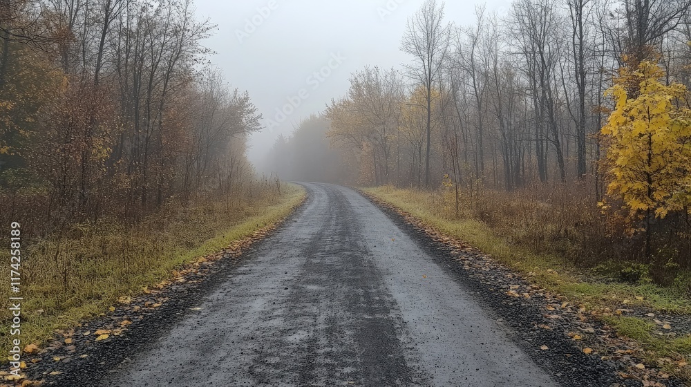 Misty asphalt road through autumn forest enveloped in fog creating an eerie atmosphere perfect for atmospheric nature backgrounds Misty asphalt road through autumn forest enveloped in fog creating an eerie atmosphere perfect for atmospheric nature backgrounds