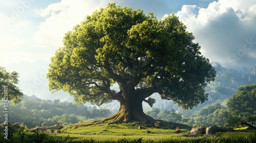 Majestic tree in a lush landscape symbolizing environmental care and sustainability with dramatic sky and vibrant greenery.