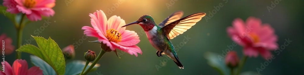 Naklejka premium hummingbird sipping nectar from a flower as the petals glow softly around its body, magical, delicate, soft light