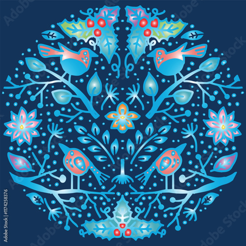 Vector illustration of folk art pattern with birds and flowers in blue colors