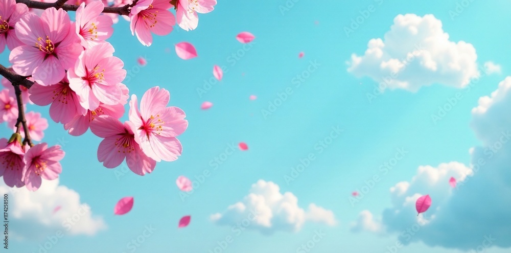 Fototapeta premium Pink cherry blossoms scattered on a soft pastel blue background with fluffy white clouds, greenery, fluffy white clouds