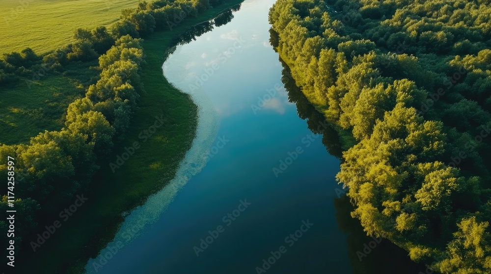 Aerial view of a serene summer river bordered by lush greenery showcasing tranquil reflections and vibrant natural beauty. Aerial view of a serene summer river bordered by lush greenery showcasing tranquil reflections and vibrant natural beauty.