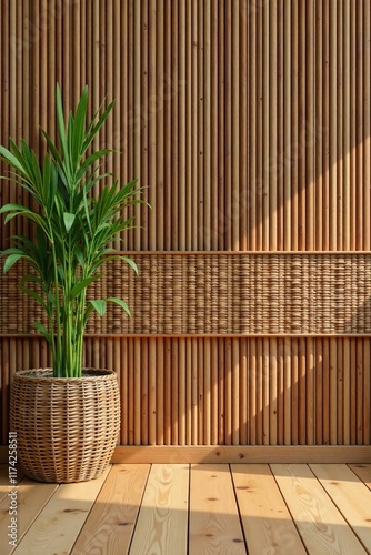Brown sedge and rattan woven basket strip on a wooden floor, wooden, earthy, natural