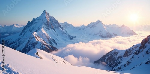 Gentle fog creeps over snow-capped peaks in early morning, morning, peak, winter
