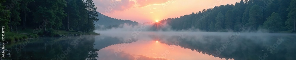 Fototapeta premium Serene forest lake at dawn with misty atmosphere, gently, atmosphere
