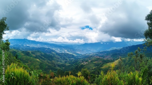 Breathtaking panoramic landscape featuring mountains lush greenery and vibrant cloud formations under a dramatic sky
