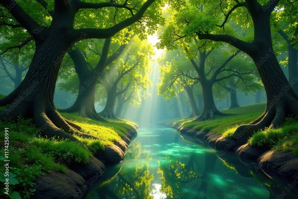 ?rboles en un valle con una fuente cristalina, luz suave, ?rbol, verde oscuro ?rboles en un valle con una fuente cristalina, luz suave, ?rbol, verde oscuro
