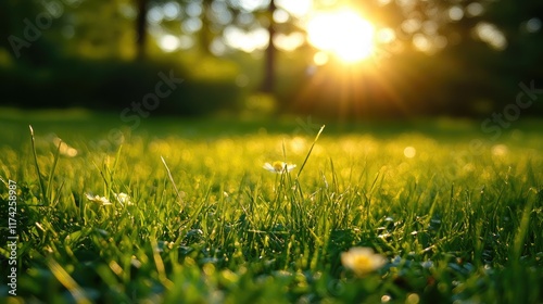 Summer sunlight illuminating fresh green grass with blooming flowers in a serene outdoor setting. Ideal for seasonal nature themes.