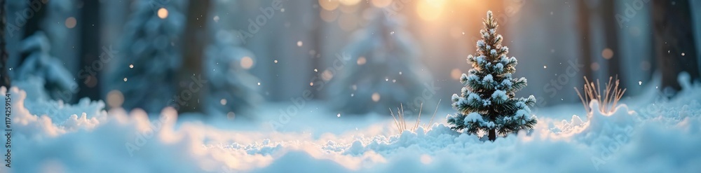 Naklejka premium Miniature snow-covered forest with a small Christmas tree, cold climate, miniature forest, miniature scene