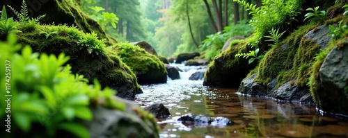 Moss and ferns grow on ancient granite near crystal clear stream, stream, earthy tones