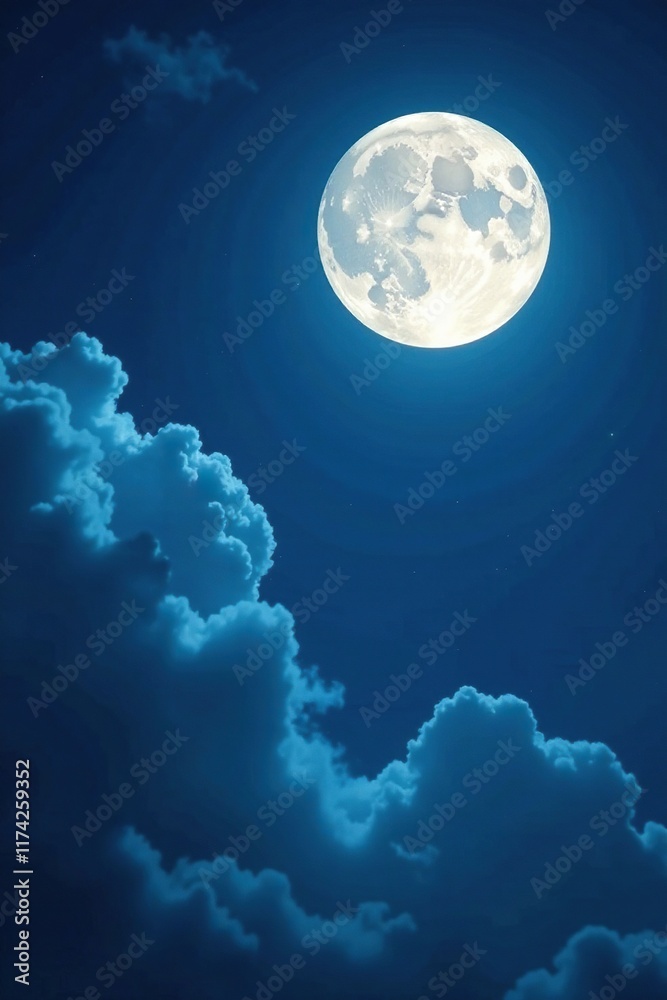 Obraz premium Moonlit night with a few wispy clouds drifting lazily across the sky, cloudy, dreamy atmosphere, subtle