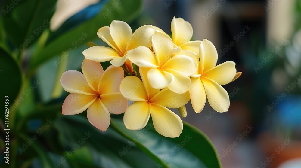 Naklejka premium Stunning cluster of yellow plumeria flowers blooming amidst vibrant green foliage in a natural setting