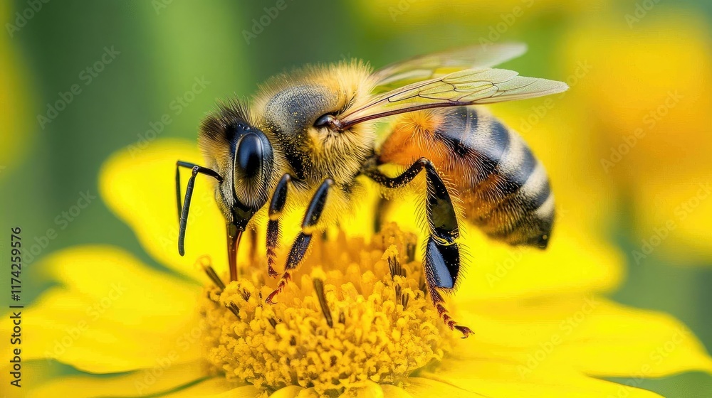 Honeybee pollinating vibrant yellow flower in lush garden setting showcasing nature's beauty and biodiversity. Honeybee pollinating vibrant yellow flower in lush garden setting showcasing nature's beauty and biodiversity.