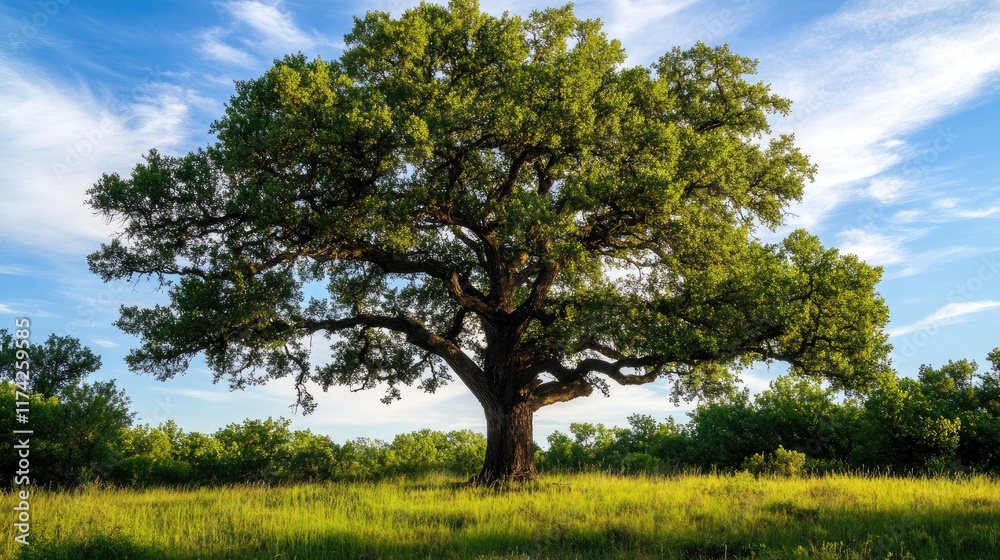 Majestic oak tree standing alone in a vibrant green landscape under a blue sky with wispy clouds, symbolizing nature's beauty and tranquility. Majestic oak tree standing alone in a vibrant green landscape under a blue sky with wispy clouds, symbolizing nature's beauty and tranquility.