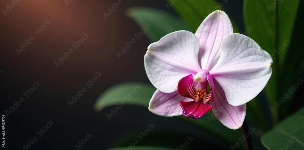 Delicate white petals unfolding from a red orchid stem, leaf, flower, stem Delicate white petals unfolding from a red orchid stem, leaf, flower, stem