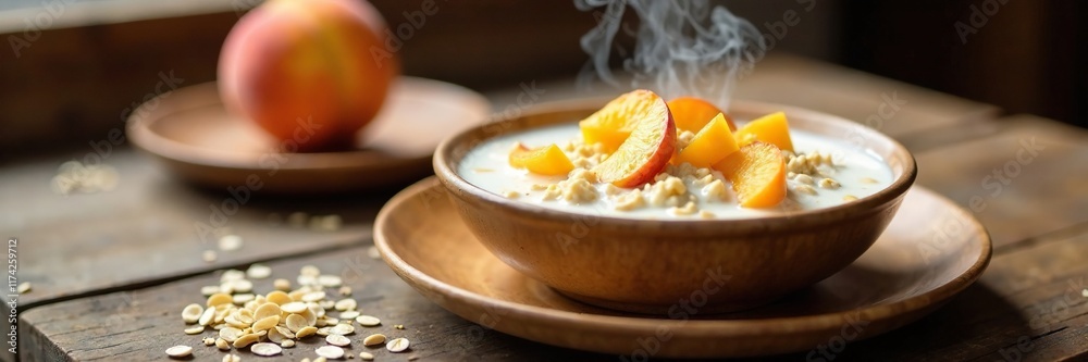 A steaming hot bowl of oatmeal with milk and peaches on a wooden plate, wood, oats, kitchen table A steaming hot bowl of oatmeal with milk and peaches on a wooden plate, wood, oats, kitchen table