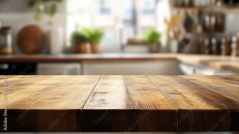 Empty Rustic Wooden Tabletop in Soft Focus Ideal for Product Display in a Cozy Kitchen Atmosphere with Blurred Background Elements Empty Rustic Wooden Tabletop in Soft Focus Ideal for Product Display in a Cozy Kitchen Atmosphere with Blurred Background Elements