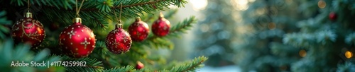 Red and green ornaments hang from branches of towering pine trees, tree, pine trees, festive