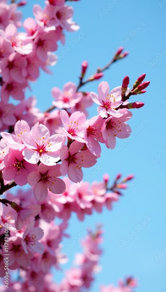 Obraz premium Soft pink petals of redbud tree against clear blue sky, sky, fresh,