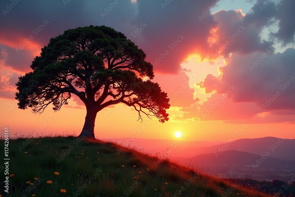 Fototapeta premium A serene scene of a large tree against a warm and colorful sunset sky, nature, hill