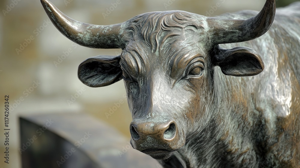 Naklejka premium Bronze sculpture of a bull highlighting intricate details and textures against a blurred background. Perfect for agricultural or financial themes.