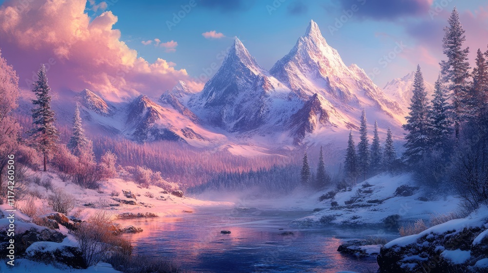 Fototapeta premium Scenic winter landscape showcasing majestic snow-covered mountains reflected in a serene river surrounded by evergreen forests